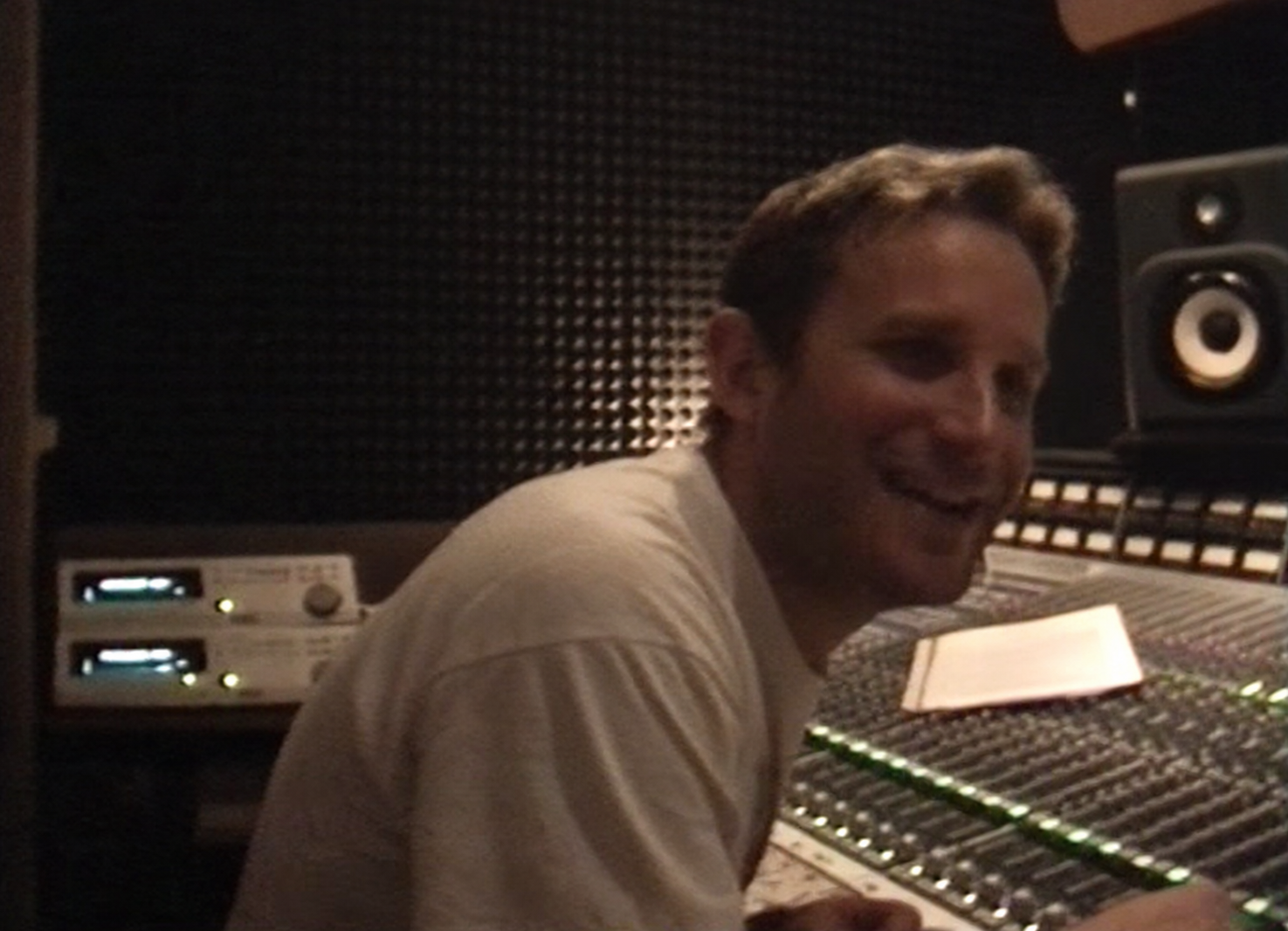 Cristiano Stern at the SSL 4000 in Palace Recording Studio, Udine, circa 1998 — archival video frame with AI-assisted restoration